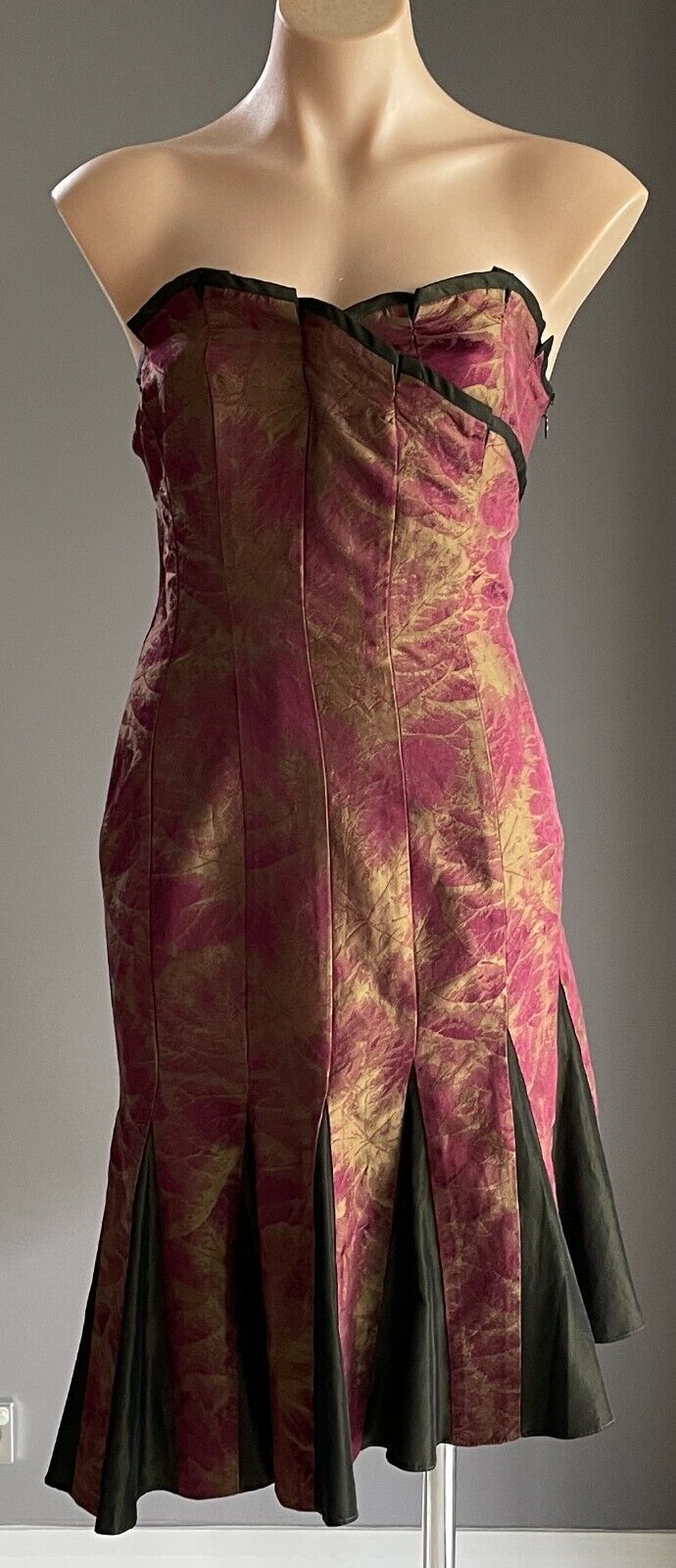 BANG by MESSINA Silk Sheath Dress Strapless Iridescent Khaki & Burgundy Sz 8 10