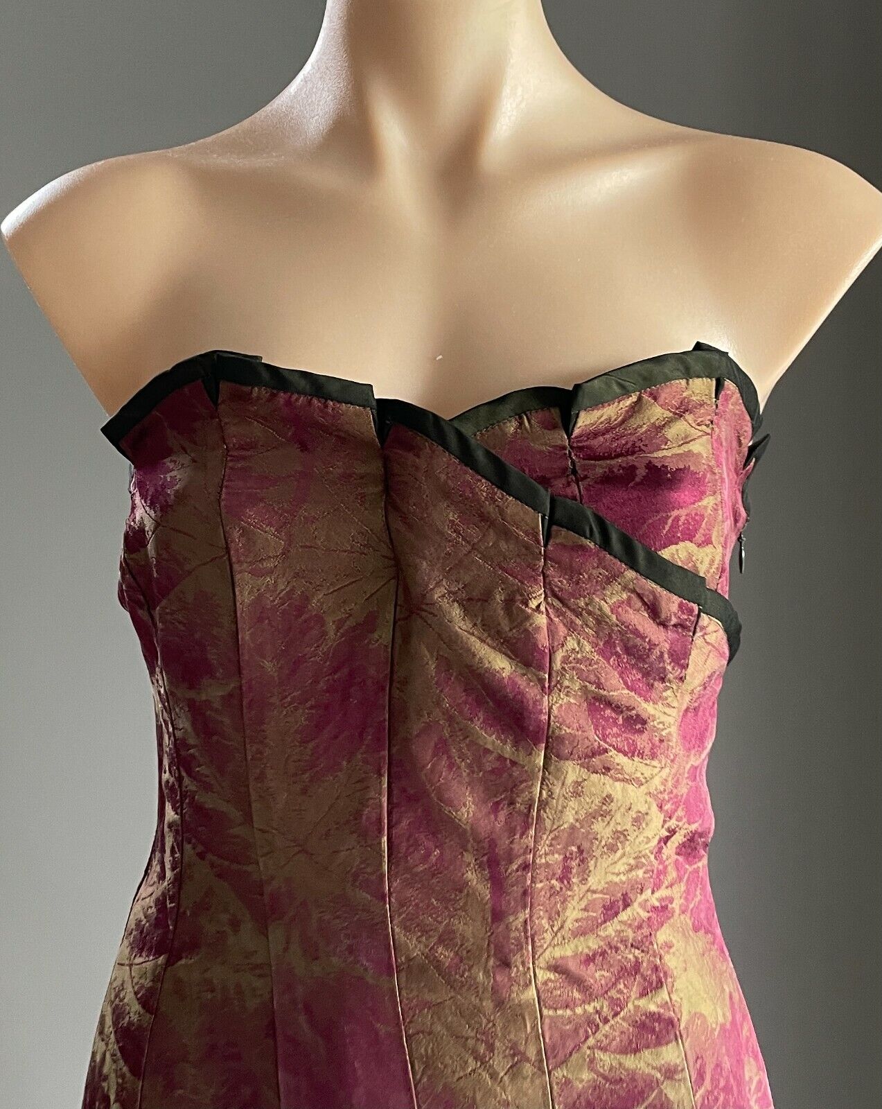 BANG by MESSINA Silk Sheath Dress Strapless Iridescent Khaki & Burgundy Sz 8 10