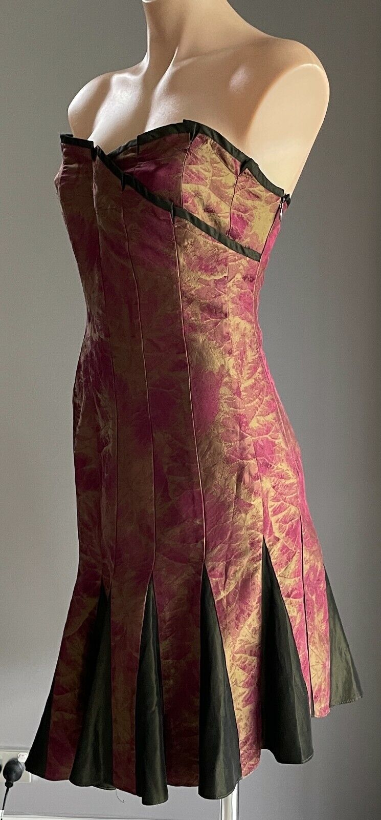 BANG by MESSINA Silk Sheath Dress Strapless Iridescent Khaki & Burgundy Sz 8 10