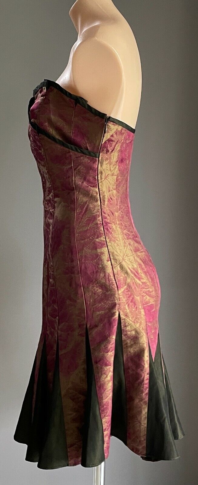 BANG by MESSINA Silk Sheath Dress Strapless Iridescent Khaki & Burgundy Sz 8 10