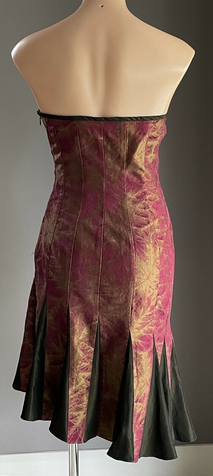 BANG by MESSINA Silk Sheath Dress Strapless Iridescent Khaki & Burgundy Sz 8 10