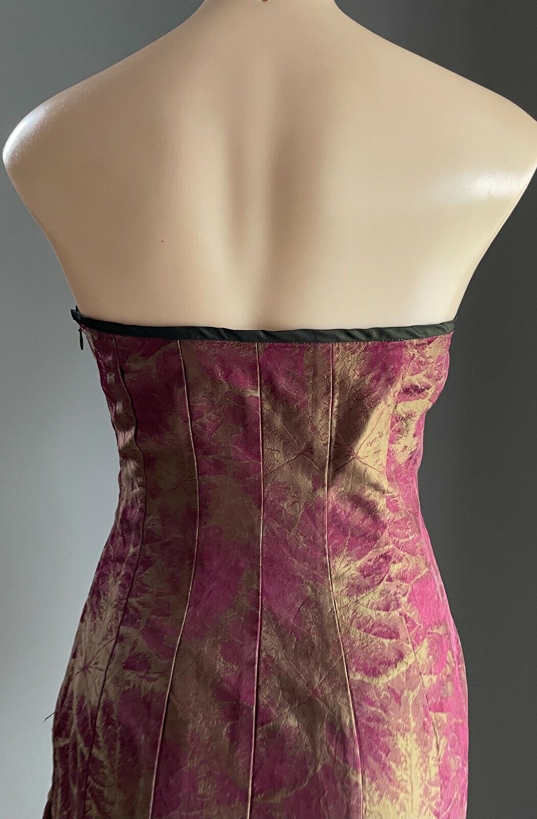BANG by MESSINA Silk Sheath Dress Strapless Iridescent Khaki & Burgundy Sz 8 10