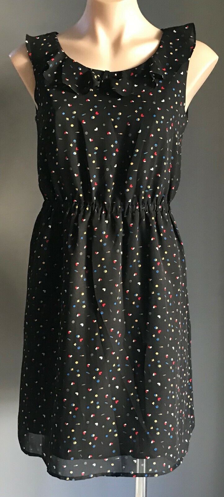 Vintage  Dress Black Multi Colour Heart Print Elastic Waist Sleeveless Size 10
