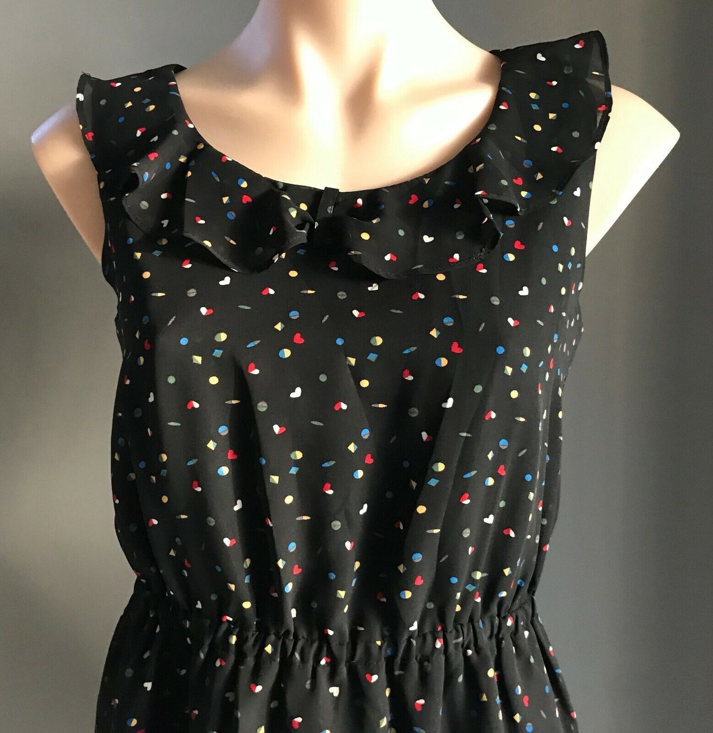 Vintage  Dress Black Multi Colour Heart Print Elastic Waist Sleeveless Size 10