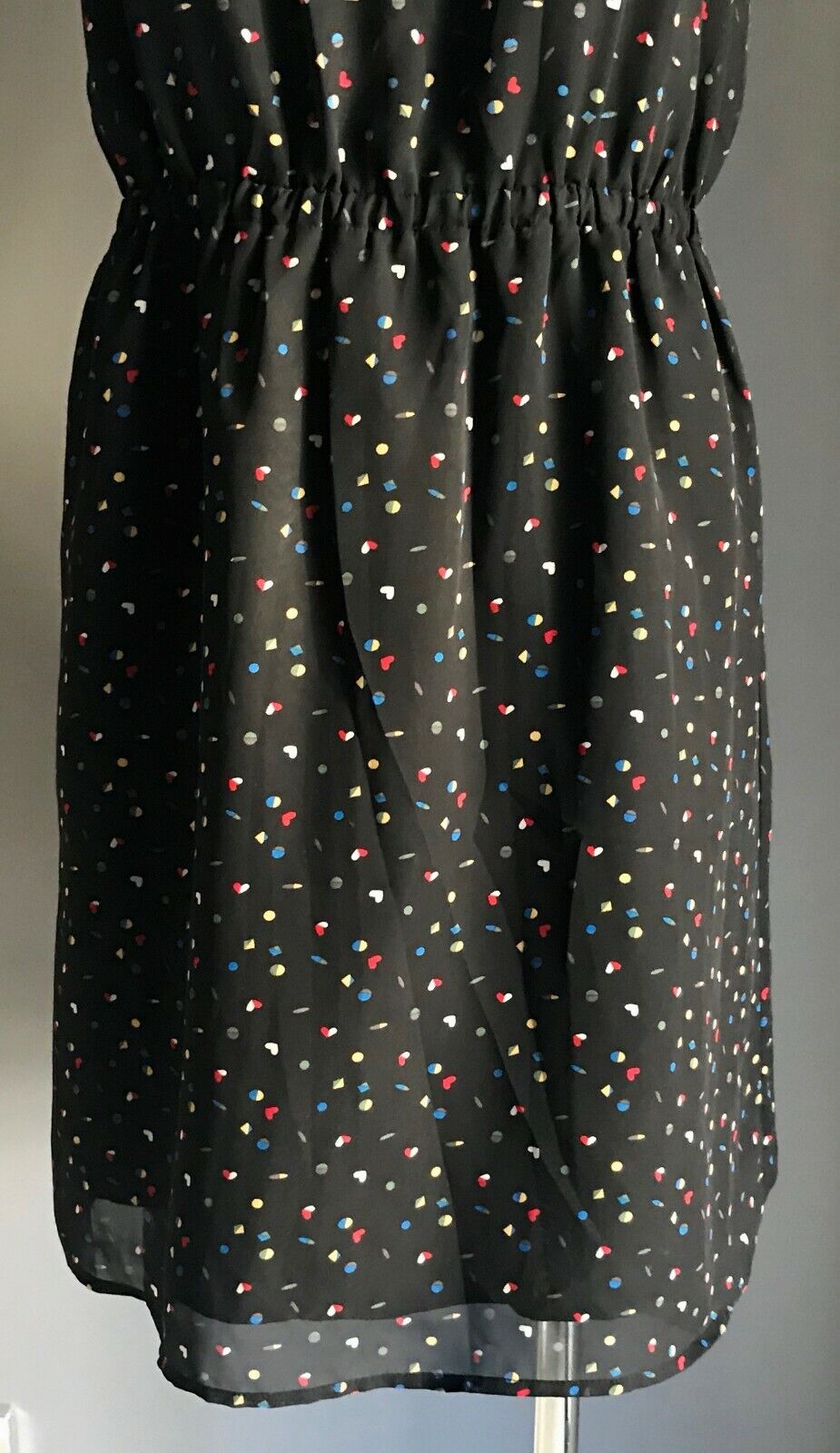 Vintage  Dress Black Multi Colour Heart Print Elastic Waist Sleeveless Size 10