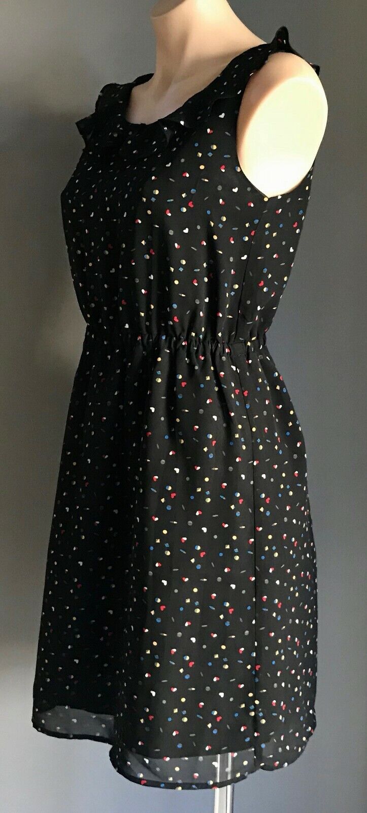 Vintage  Dress Black Multi Colour Heart Print Elastic Waist Sleeveless Size 10