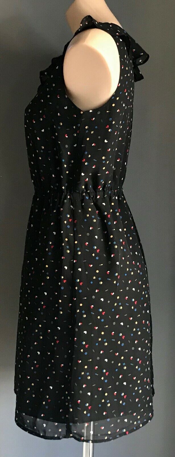 Vintage  Dress Black Multi Colour Heart Print Elastic Waist Sleeveless Size 10