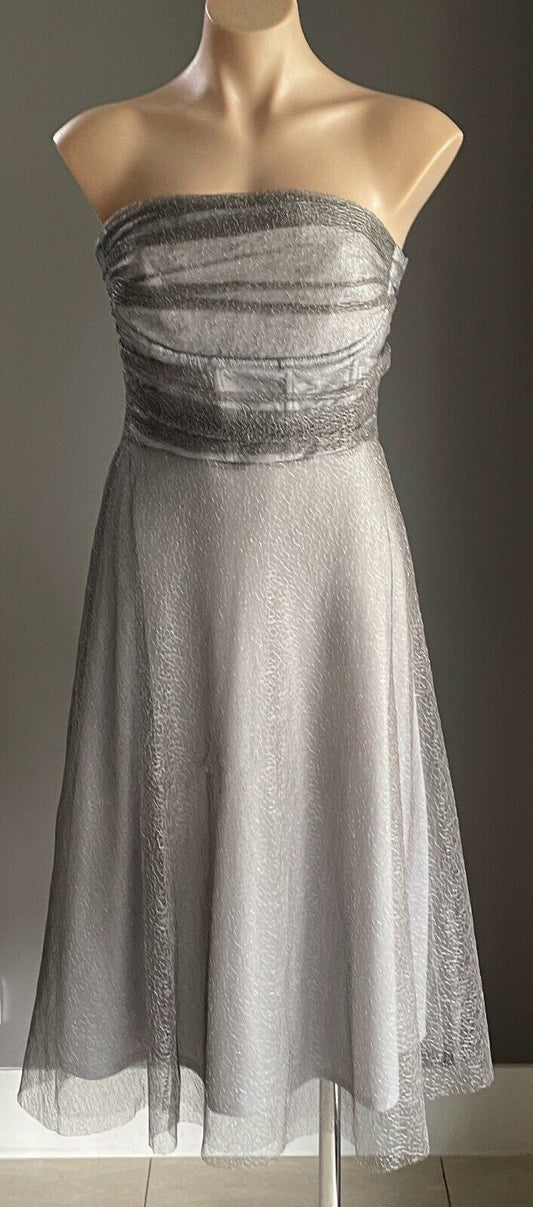 COLLECTION Fit & Flare Midi Dress Silver Net Strapless Ladies Size 10
