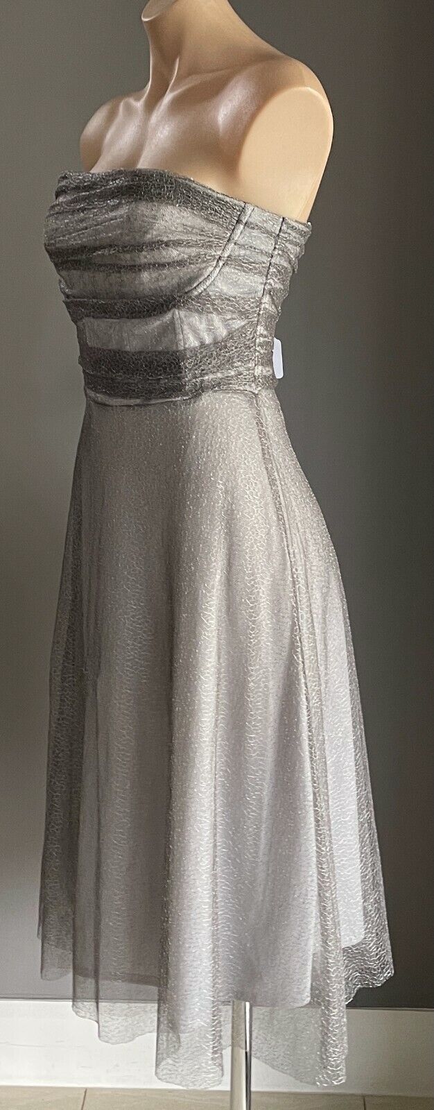 COLLECTION Fit & Flare Midi Dress Silver Net Strapless Ladies Size 10