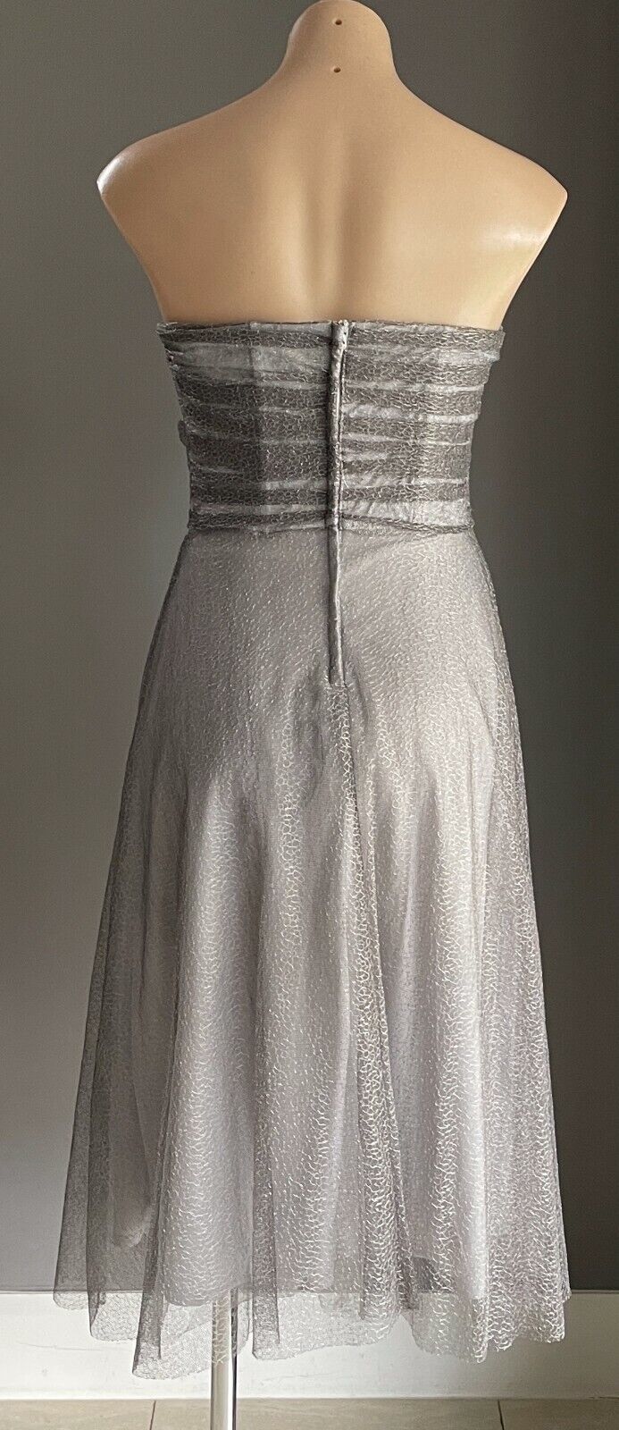 COLLECTION Fit & Flare Midi Dress Silver Net Strapless Ladies Size 10