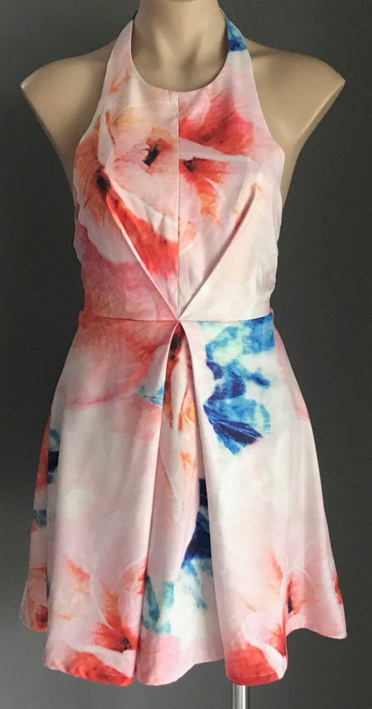PARADISCO Mini Dress MultiColour Floral Print Halter Neck Fit & Flare Sz 10 NEW