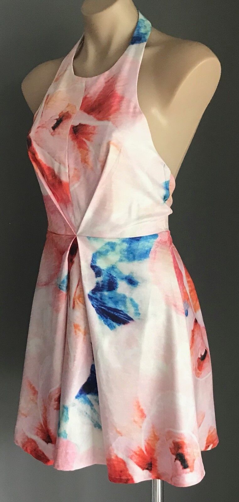 PARADISCO Mini Dress MultiColour Floral Print Halter Neck Fit & Flare Sz 10 NEW