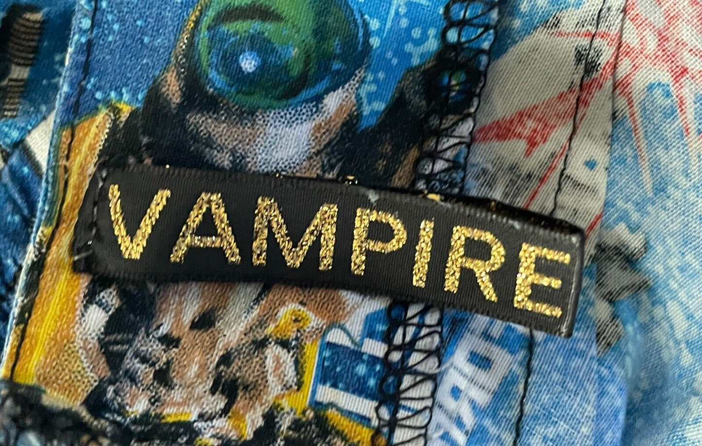 VAMPIRE BUNNIES Dress Transformers Print Fabric Fit &Flare Shirred Top Size 10