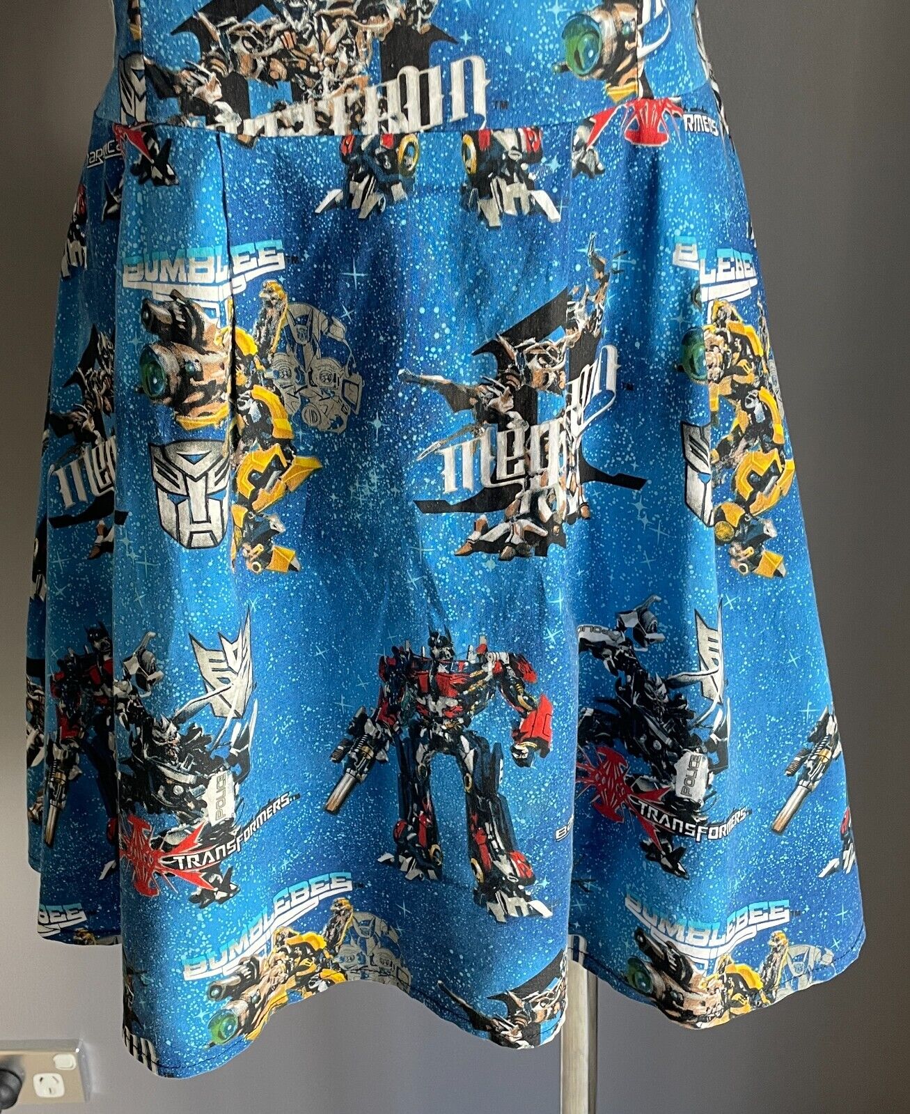 VAMPIRE BUNNIES Dress Transformers Print Fabric Fit &Flare Shirred Top Size 10