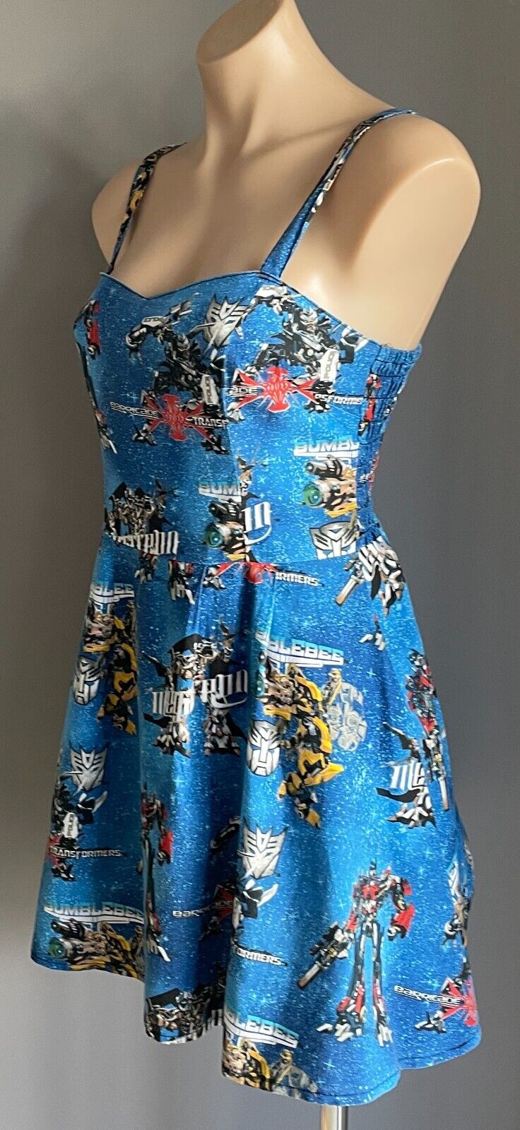 VAMPIRE BUNNIES Dress Transformers Print Fabric Fit &Flare Shirred Top Size 10