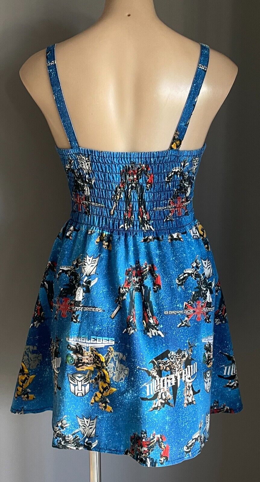 VAMPIRE BUNNIES Dress Transformers Print Fabric Fit &Flare Shirred Top Size 10
