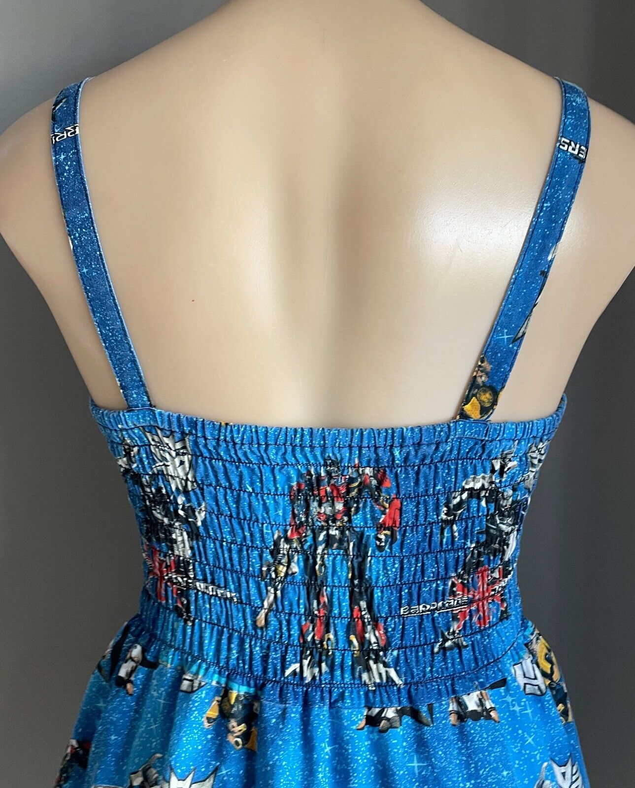 VAMPIRE BUNNIES Dress Transformers Print Fabric Fit &Flare Shirred Top Size 10