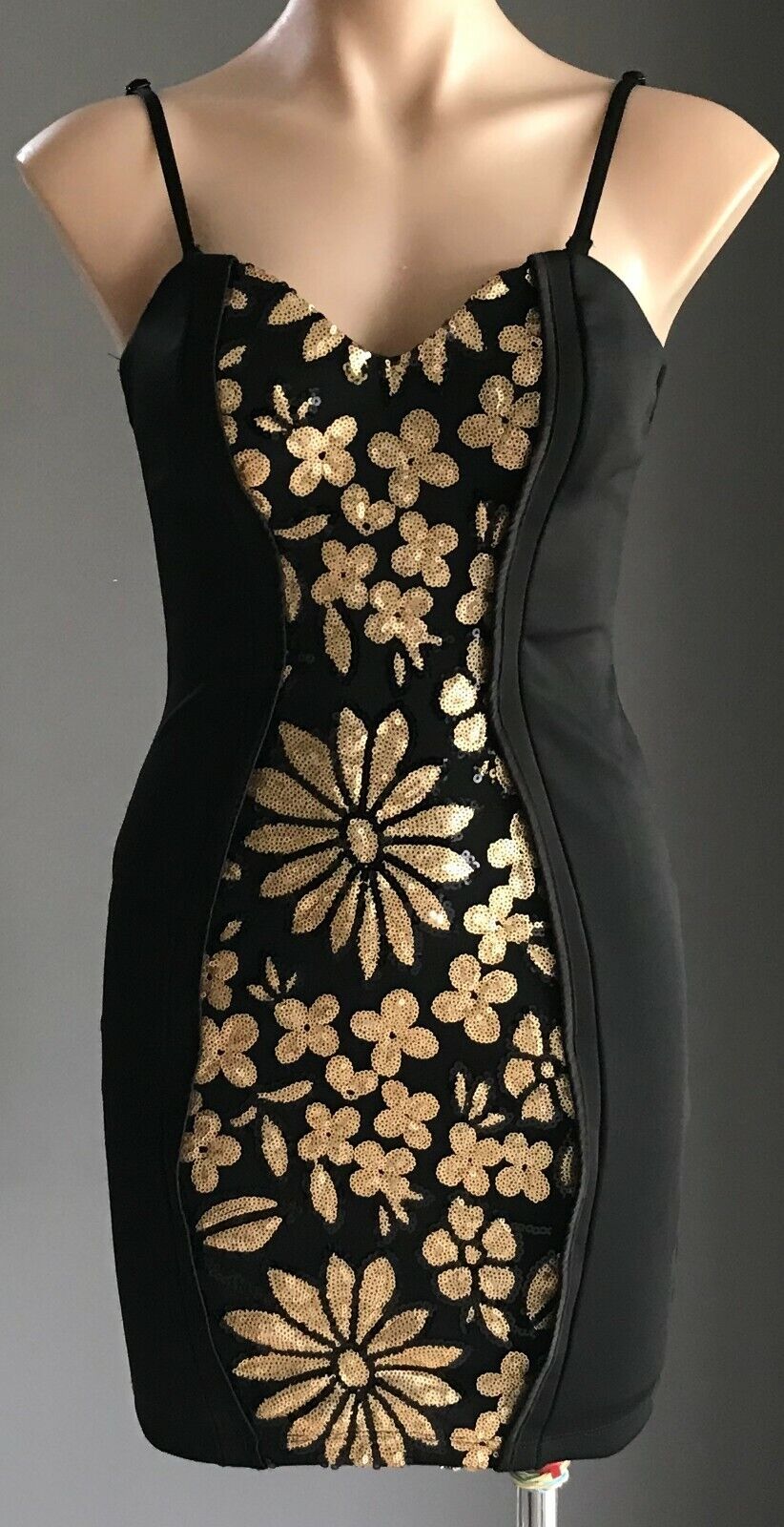 Sexy HEART ON FIRE Bodycon Dress Black Gold Floral Sequin Stretch Size 10 NEW