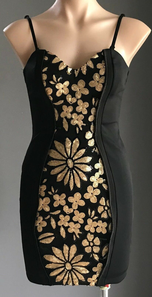 Sexy HEART ON FIRE Bodycon Dress Black Gold Floral Sequin Stretch Size 10 NEW