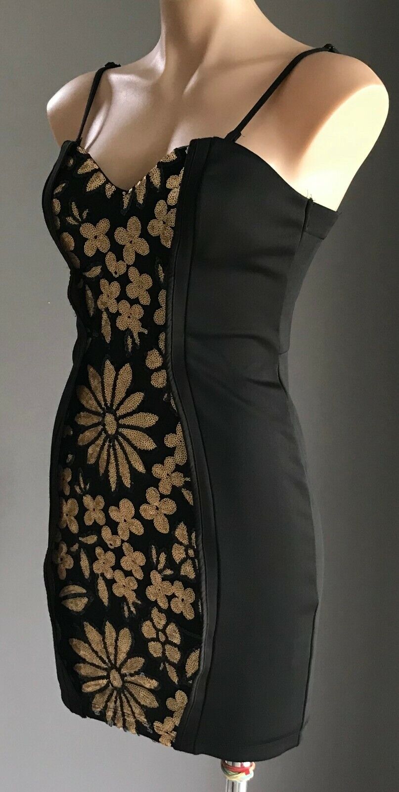 Sexy HEART ON FIRE Bodycon Dress Black Gold Floral Sequin Stretch Size 10 NEW