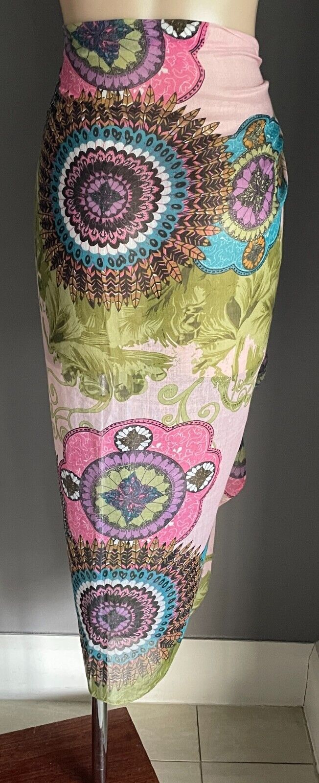 SARONG Viscose Pastel Colours Mandala Flower lPrint Semi Sheer Skirt Size 8  14