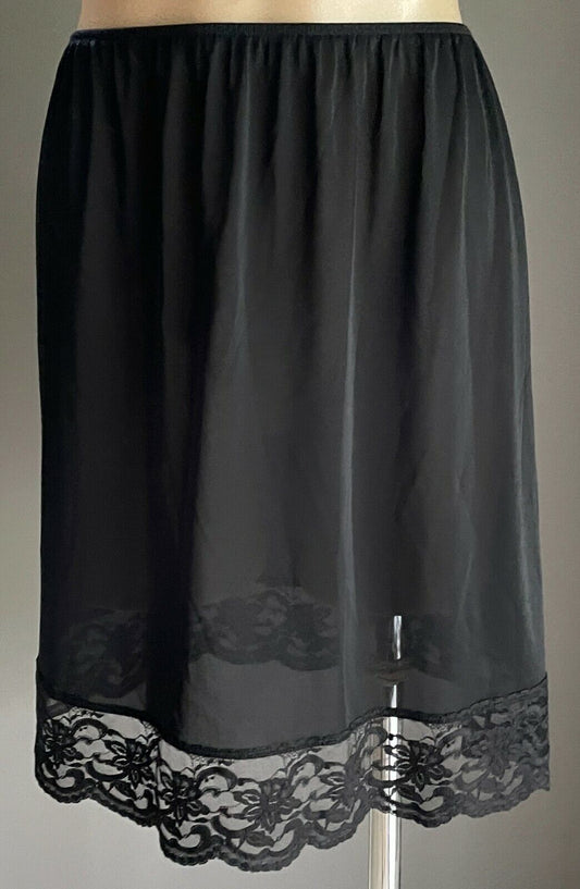 BASELAYERS Half Slip Vintage 1/2 Petticoat Black Elastic Waist Lace Hem Size 14