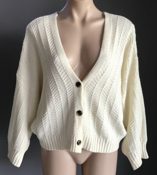 CHUNKY KNIT Cardigan Cream 3/4 Sleeve Crop Ladies Size M 12 NEW Vintage