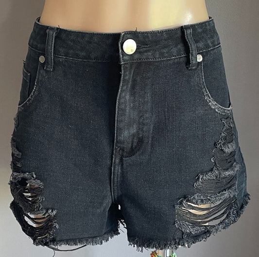 COTTON ON Flashback Denim Jeans Shorts Black High Rise Distressed Fray Hem Sz 14