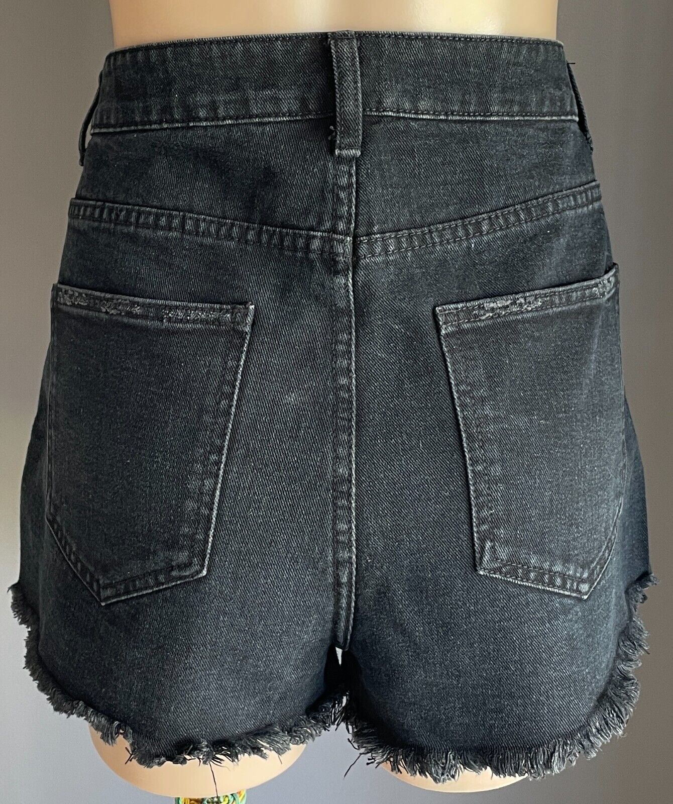 COTTON ON Flashback Denim Jeans Shorts Black High Rise Distressed Fray Hem Sz 14