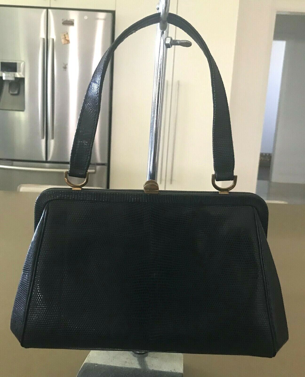 GOLD CREST Black Handbag Lizard Leather Frame Bag Vintage 1950's 60's