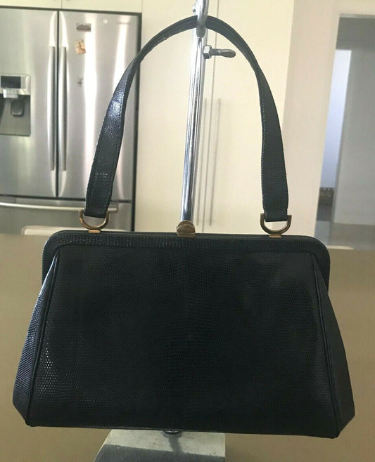 GOLD CREST Black Handbag Lizard Leather Frame Bag Vintage 1950's 60's