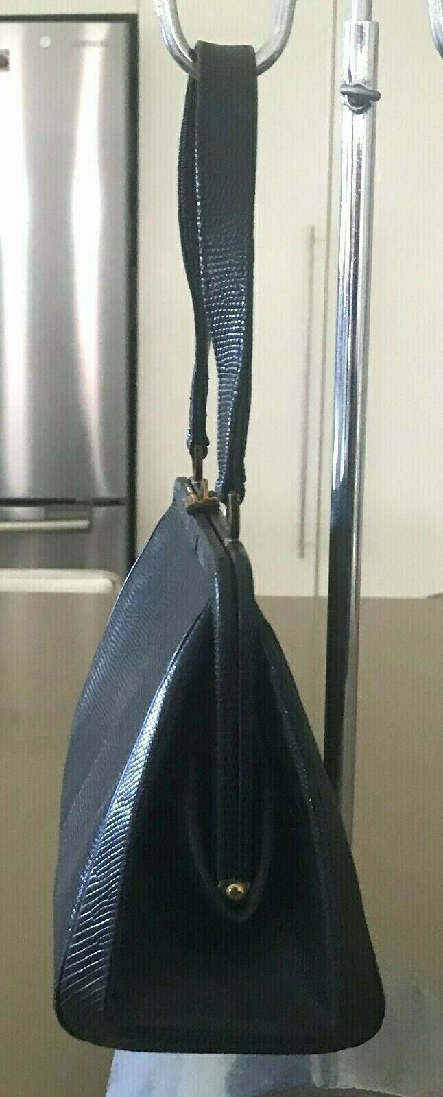 GOLD CREST Black Handbag Lizard Leather Frame Bag Vintage 1950's 60's