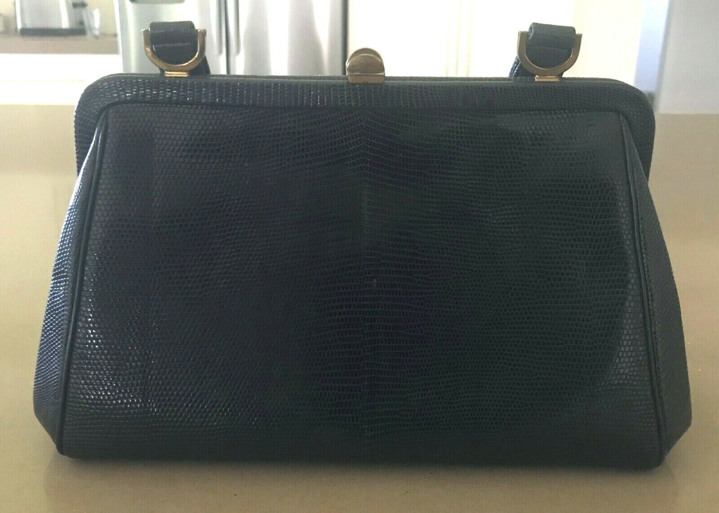 GOLD CREST Black Handbag Lizard Leather Frame Bag Vintage 1950's 60's
