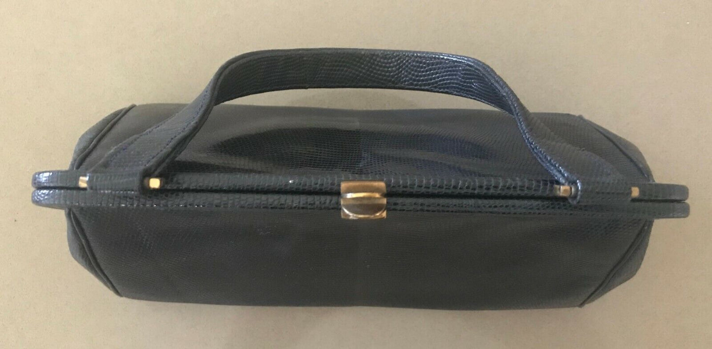GOLD CREST Black Handbag Lizard Leather Frame Bag Vintage 1950's 60's
