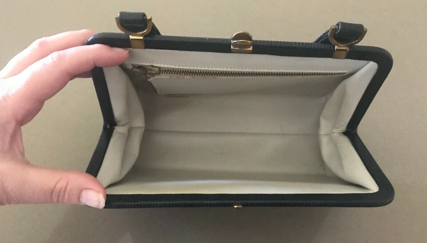 GOLD CREST Black Handbag Lizard Leather Frame Bag Vintage 1950's 60's
