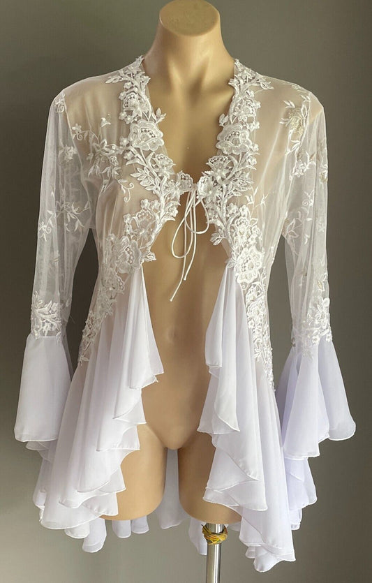 White Embroidered Beaded Lace Jacket ChiffonNet Long Trumpet Sleeve Size 16 Glam