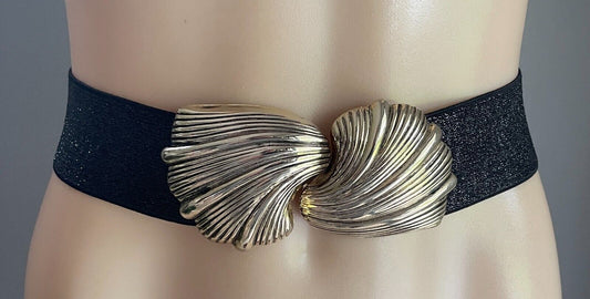 Ladies Belt Elastic 5cm Black Glitter Waist Belt Interlocking Metal Shell Buckle