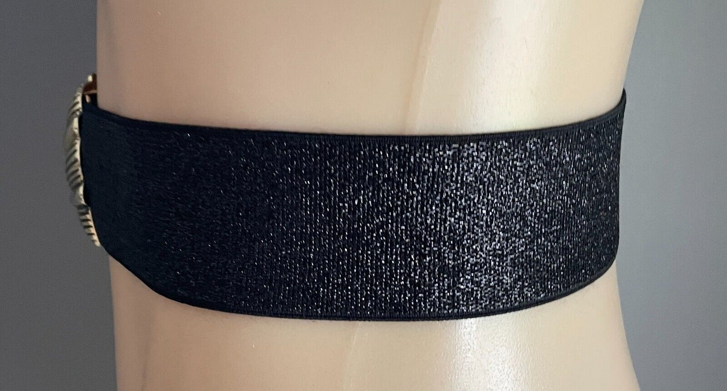 Ladies Belt Elastic 5cm Black Glitter Waist Belt Interlocking Metal Shell Buckle