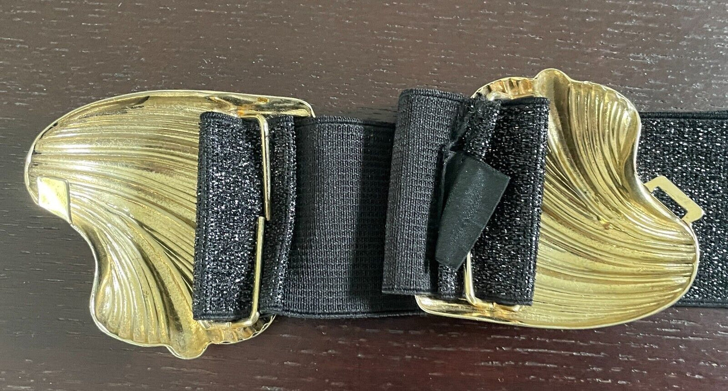 Ladies Belt Elastic 5cm Black Glitter Waist Belt Interlocking Metal Shell Buckle