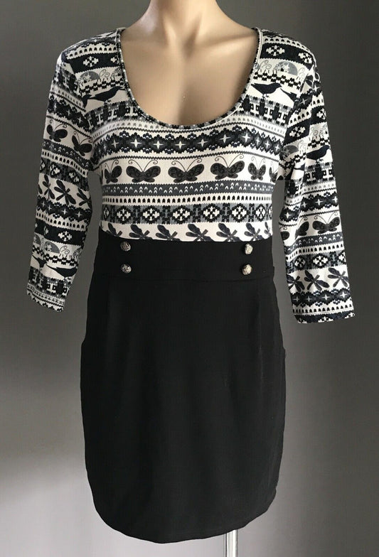 LUXX Sheath Dress White Grey Black & Print Bodice 3/4 Sleeve Size XL 12 NEW