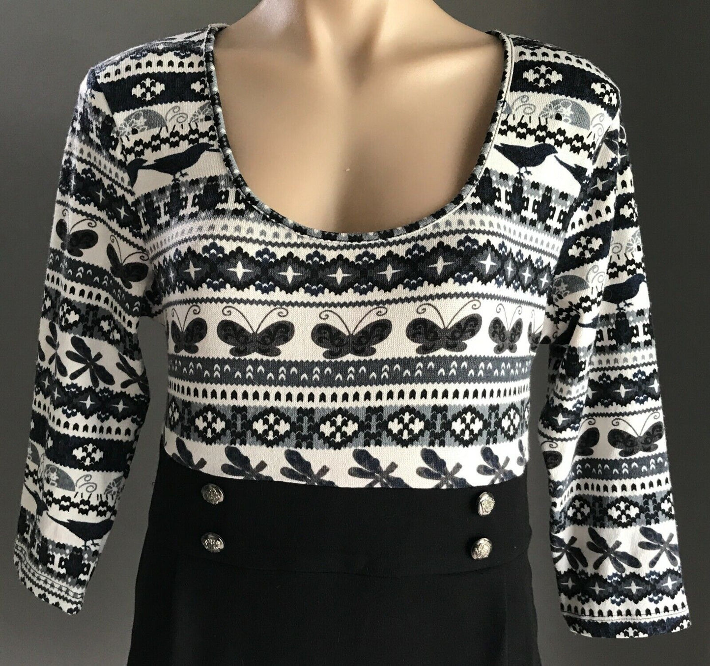 LUXX Sheath Dress White Grey Black & Print Bodice 3/4 Sleeve Size XL 12 NEW