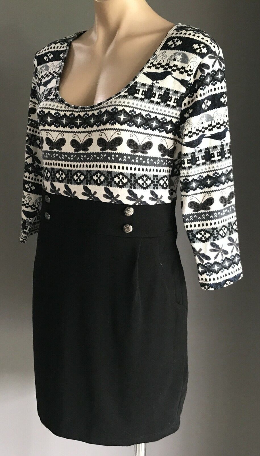 LUXX Sheath Dress White Grey Black & Print Bodice 3/4 Sleeve Size XL 12 NEW