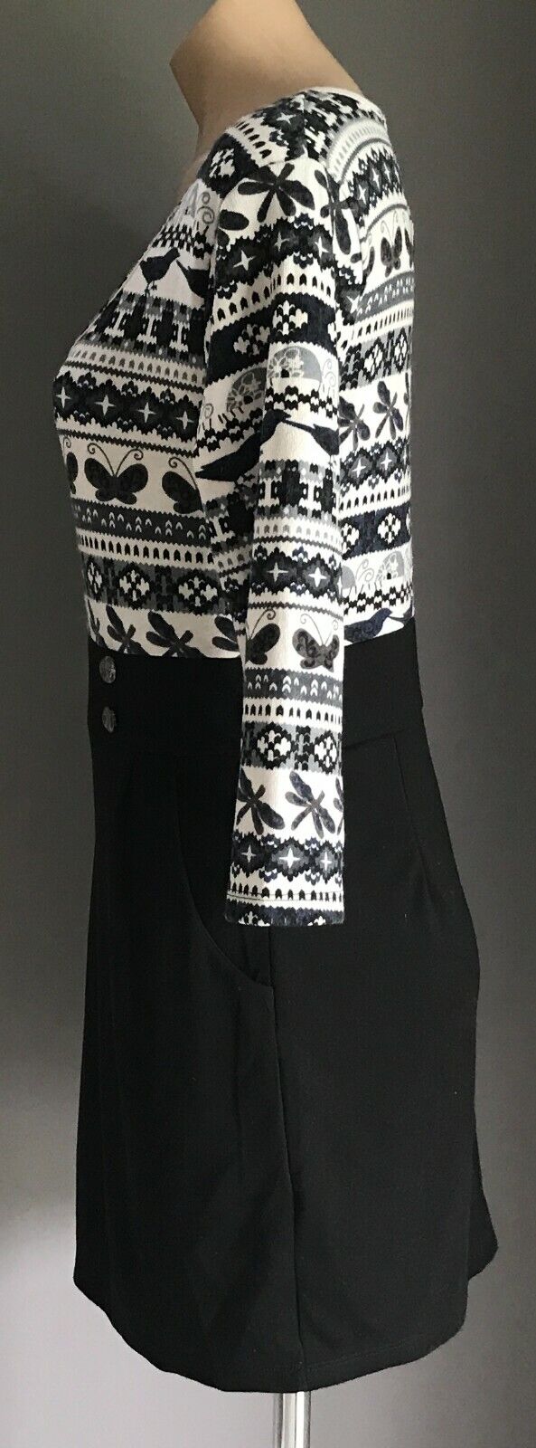 LUXX Sheath Dress White Grey Black & Print Bodice 3/4 Sleeve Size XL 12 NEW