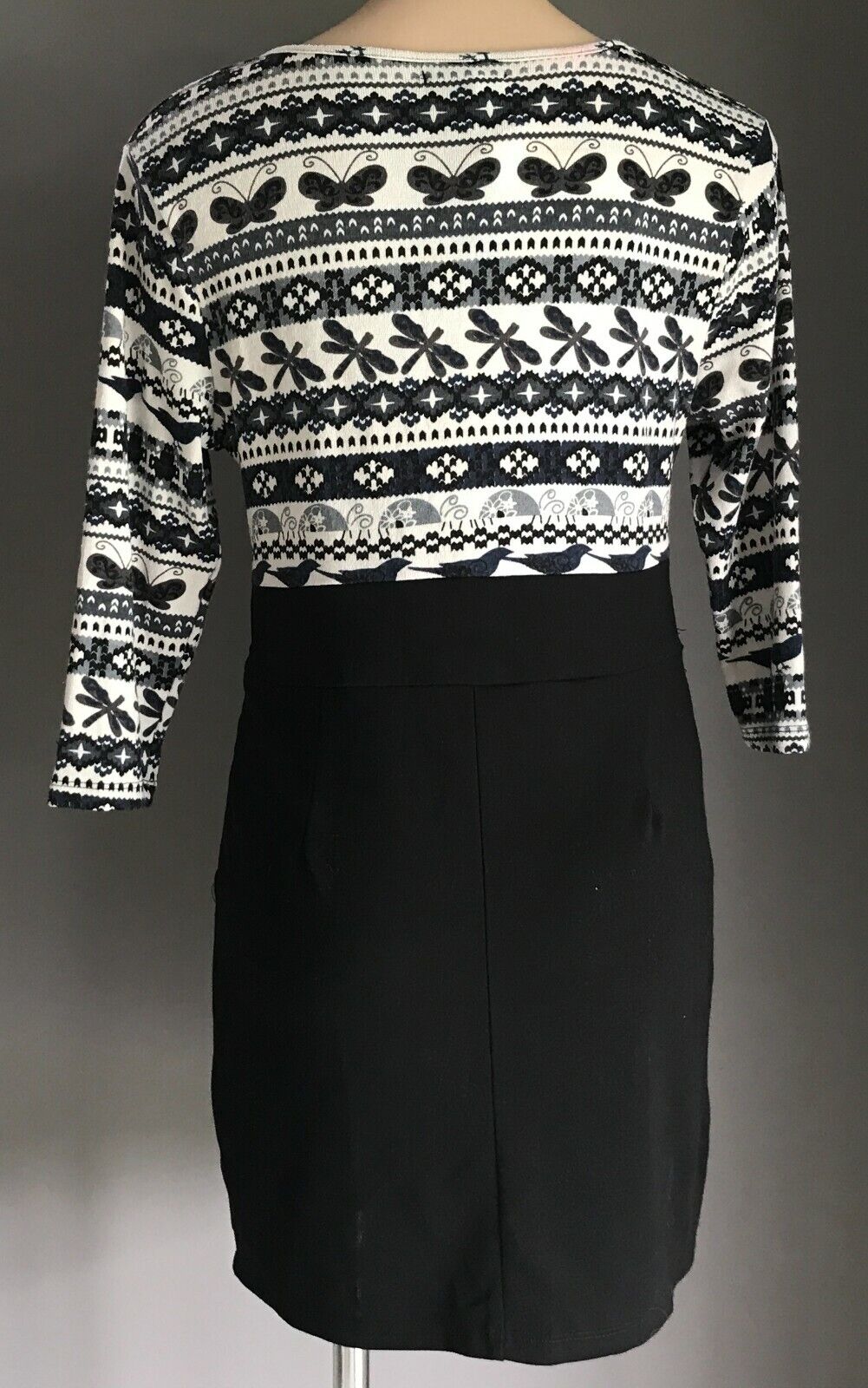 LUXX Sheath Dress White Grey Black & Print Bodice 3/4 Sleeve Size XL 12 NEW