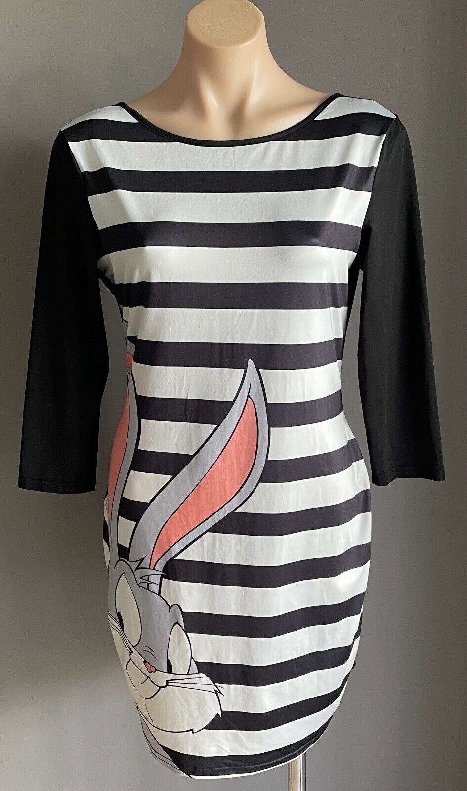 BUGS BUNNY Stripe Print Shift Dress 3/4 Sleeve Knee Length Stretch Size L 12 New