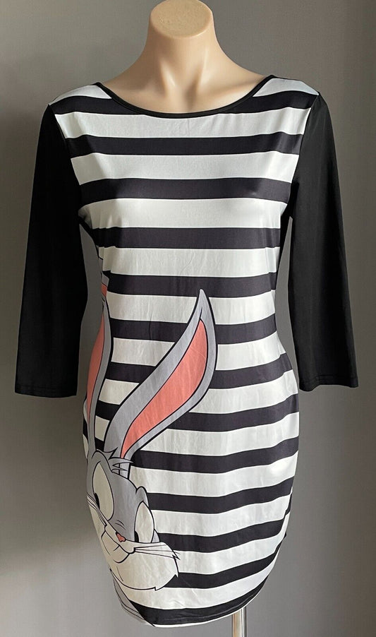 BUGS BUNNY Stripe Print Shift Dress 3/4 Sleeve Knee Length Stretch Size L 12 New