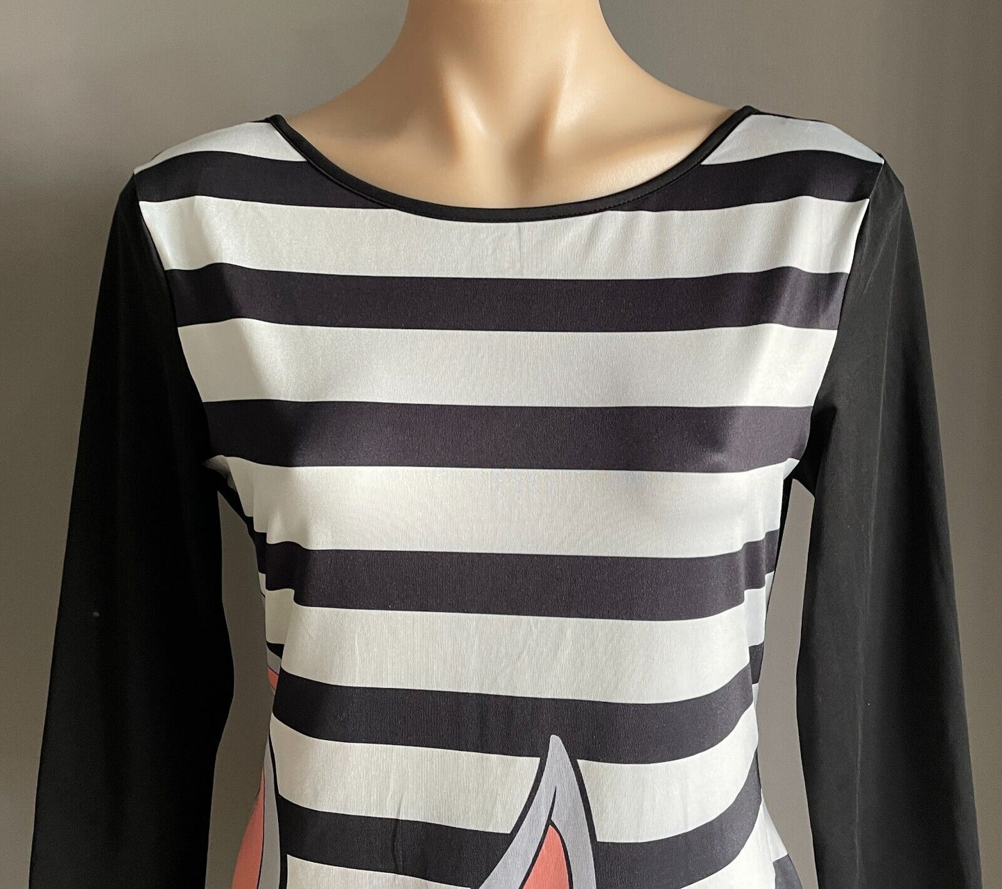 BUGS BUNNY Stripe Print Shift Dress 3/4 Sleeve Knee Length Stretch Size L 12 New