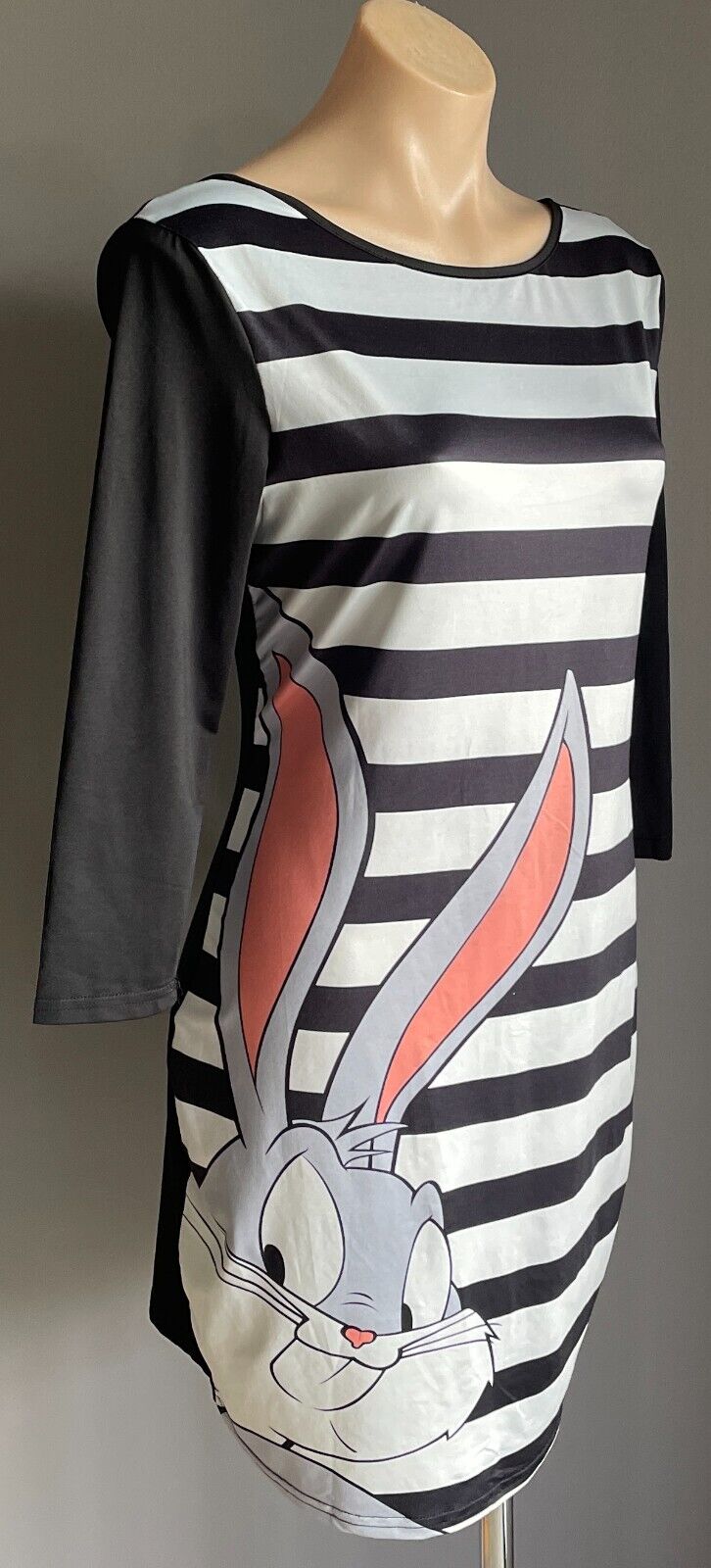 BUGS BUNNY Stripe Print Shift Dress 3/4 Sleeve Knee Length Stretch Size L 12 New
