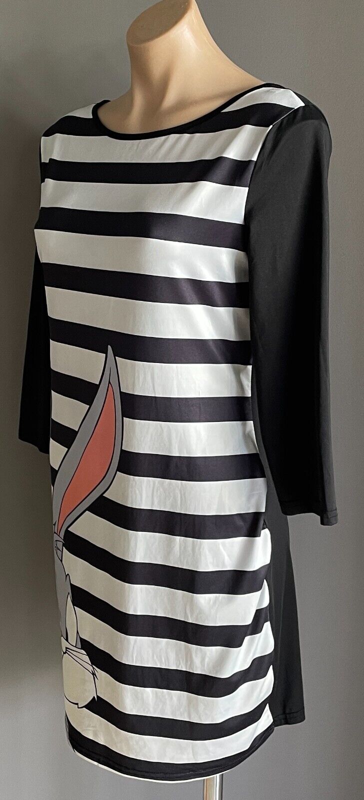 BUGS BUNNY Stripe Print Shift Dress 3/4 Sleeve Knee Length Stretch Size L 12 New
