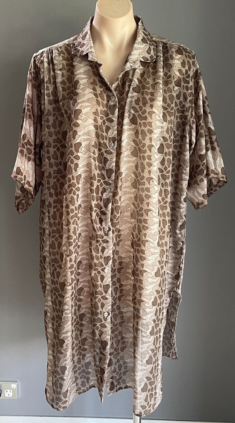 BEACH COLLECTION Top Swim Cover Brown Semi Sheer 3/4 Sleeve Over Shirt 12 14